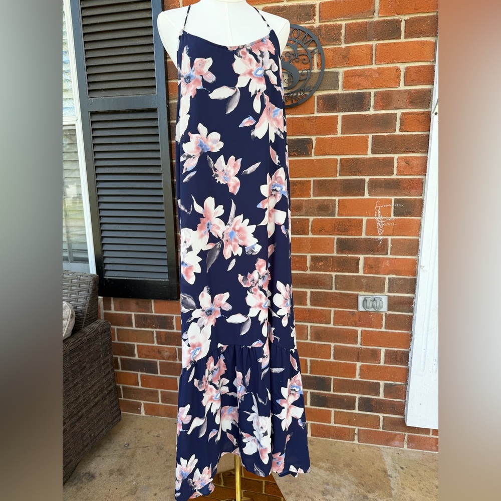Navy Floral Maxi Dress - Pink & White Blooms
